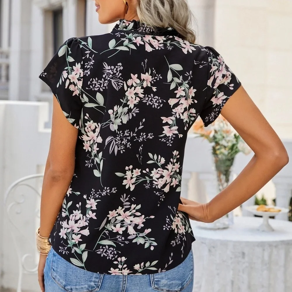 039 Boho Floral Print Mock Neck tie Blouse - Picture 4 of 7